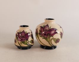 Two Moorcroft Pulsatilla vases, by Vicky Lovett, height 10.5cm, smallest red dot seconds