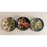 Three Moorcroft pin dishes to include Oberon, Hepatica and Fruit garden (3)