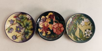 Three Moorcroft pin dishes to include Oberon, Hepatica and Fruit garden (3)