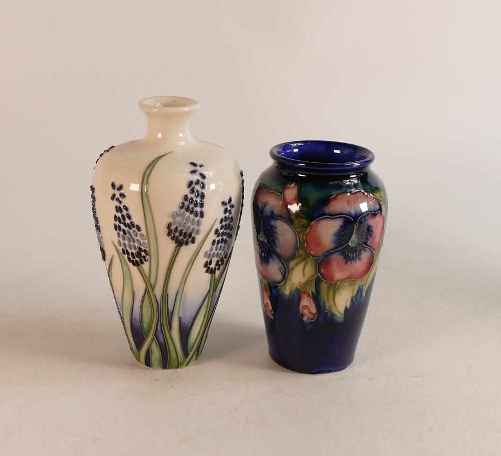 Moorcroft Muscari vase (red dot seconds) together with Pansies patterned vase, height of tallest