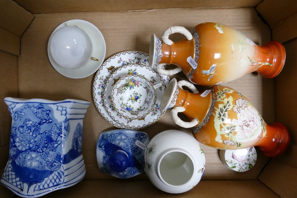 A mixed collection of items to include Lawley's oriental patterned trio, two twin handled vases,