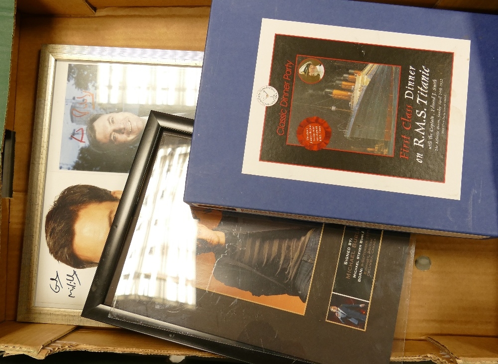 A mixed collection of items to include framed signed autographs & Boxed Dinner Party Titanic theme