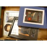 A mixed collection of items to include framed signed autographs & Boxed Dinner Party Titanic theme