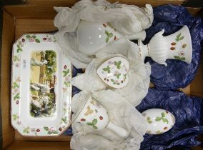 Wedgwood Wild Strawberry Pattern items to include Oblong tray, Vases, Bell, Lidded Box & Egg tallest