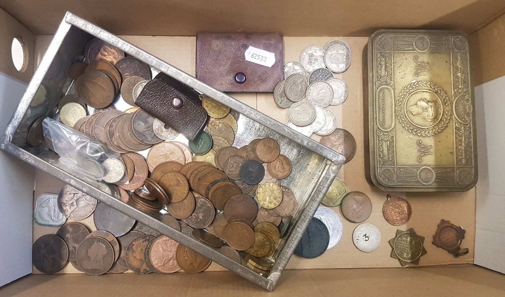 WW1 Princess Mary Christmas 1914 Gift Fund Brass box, together with a collection of pre-decimal