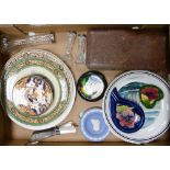 A mixed collection of items to include Mother of Pearl handled knifes, Moorcroft ashtray and pin