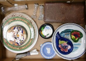 A mixed collection of items to include Mother of Pearl handled knifes, Moorcroft ashtray and pin