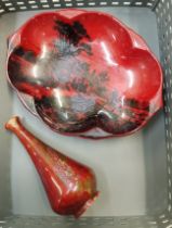 Royal Doulton Flambé bud vase together with a shaped dish, both initialled FM for Frederick Moore (