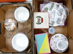 A mixed collection of items to include three Wedgwood oven dish, cake stand, musical clowns,
