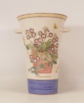 Wedgwood Sarah's Garden tiwin handled vase, primula auricula, height 26cm (small chip to base)