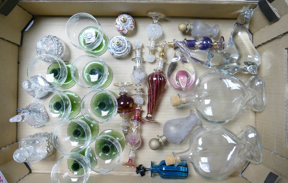 A collection of decorative glass items to include perfume bottles, mid century glass ware