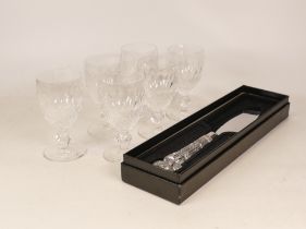 Waterford Set of Six Crystal Glasses together with a Crystal Handled Boxed Cake Knife