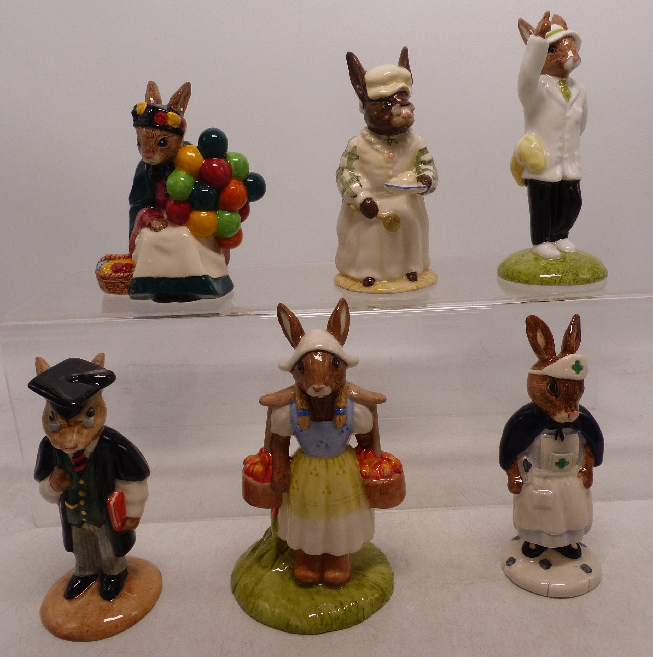 A collection of 6 Royal Doulton Bunnykins figures to include Nurse DB74, Cook DB85, Old Balloon