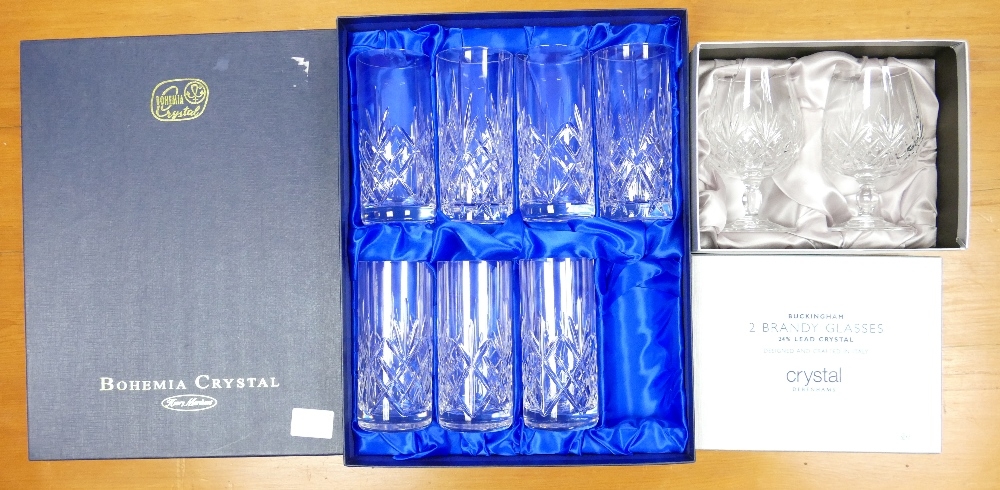 Seven Bohemia Crystal tall tumblers together with two Buckingham Crystal brandy glasses