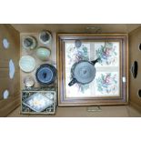 A mixed collection of items to include framed tile serving tray, Oynx lighters, Oynx paperweights,