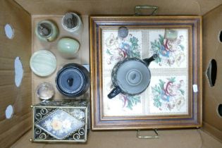 A mixed collection of items to include framed tile serving tray, Oynx lighters, Oynx paperweights,