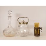 Three Glass Items to include Decanter with Stopper, Biscuit Barrel and a Bohemia Style Glass Cup. (