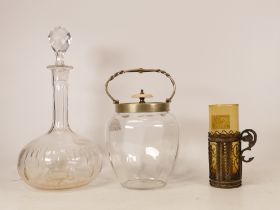 Three Glass Items to include Decanter with Stopper, Biscuit Barrel and a Bohemia Style Glass Cup. (