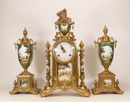 20th Century Imperial Garniture Clock Set with Landscape Paintings on Green Ground. Height: 41.