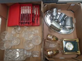 A mixed collection of items to include a crystal decanter and glasses, vintage cutlery set,