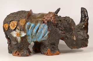 Studio Pottery Terracotta Rhinocerus. Some damages noted.