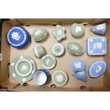 A collection of Wedgwood Jasperware to include lidded boxes, ash tray, bells, pin dishes, etc (1