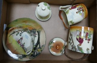 Royal Doulton Old English Scenes to include dinner plate, small serving tray, jug, biscuit barrel