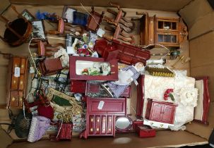 A good collection of dolls house furniture and accessories, bedroom and living room theme (1 tray).