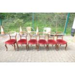 A Set of Six Victorian Balloon Back Dining Chairs with Red Upholstery and Carved Rococo Back.