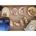 Aynsley Orchard Gold pattern items to include mantle clock, trinket box, 4 x small vases, pin dishes