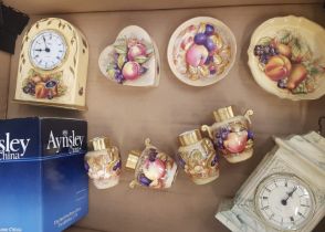 Aynsley Orchard Gold pattern items to include mantle clock, trinket box, 4 x small vases, pin dishes