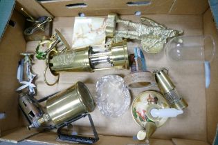 A mixed collection of items to include Brass Safety Miners lamps, similar burners & ornaments etc