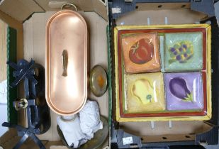 A mixed collection of items to include Reproduction Kitchen Scales & weights, Copper Fish Steamer,