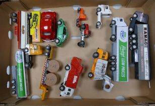 A collection of Corgi , Matchbox lorries and refuse trucks together with two VW beetle cars, tankers