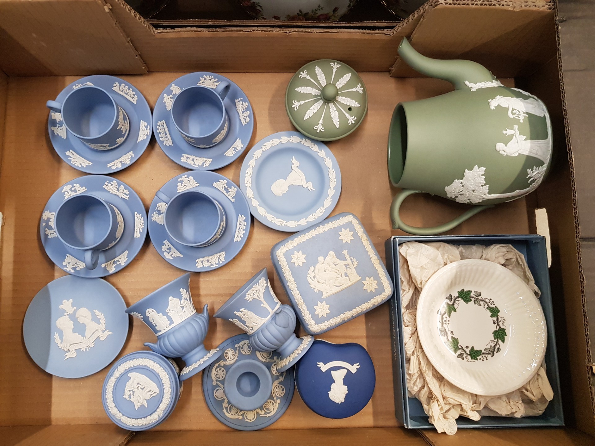 Wedgwood jasperware items to include sage green coffee pot, set of 4 blue jasper coffee cans and