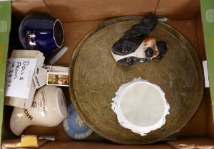 A mixed collection of items to include Wade water jugs, Wedgwood Jasperware pin dishes, metal