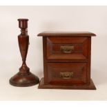 A yew wood candlestick holder together with a dressing table drawers, height of tallest 28cm (2)