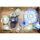 A collection of Wedgwood Jasperware to include salt and pepper pots, pin dishes, vases, milk jug,