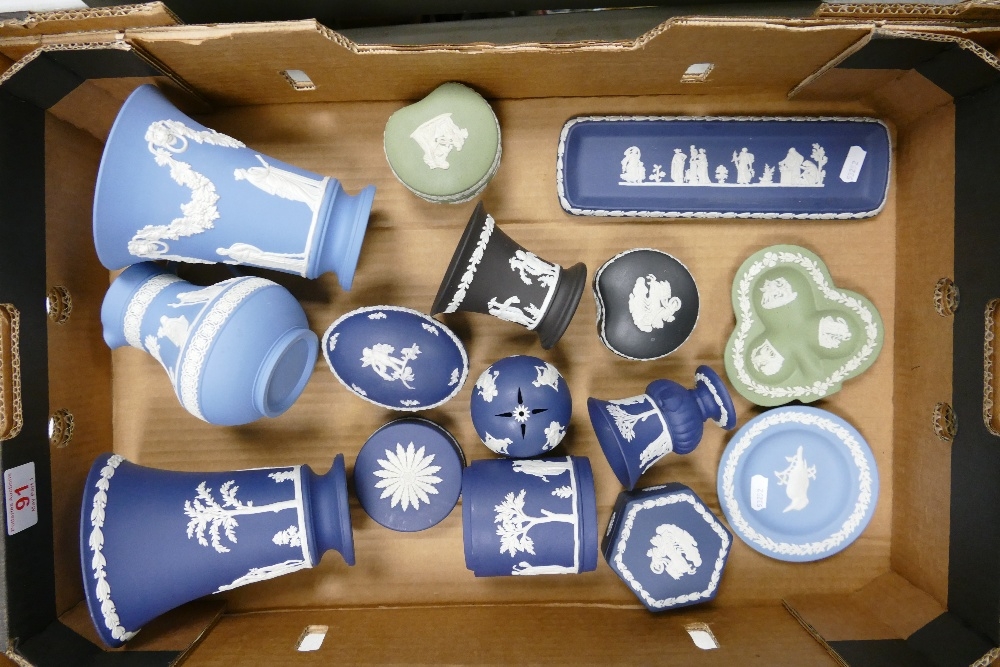 A collection of Wedgwood jasper ware to include flared vases , lidded boxes , pen tray, ewer , pot