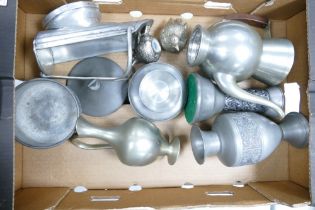 A collection of metal ware items to include Pewter ewer, salt and pepper birds, lidded pot, coffee