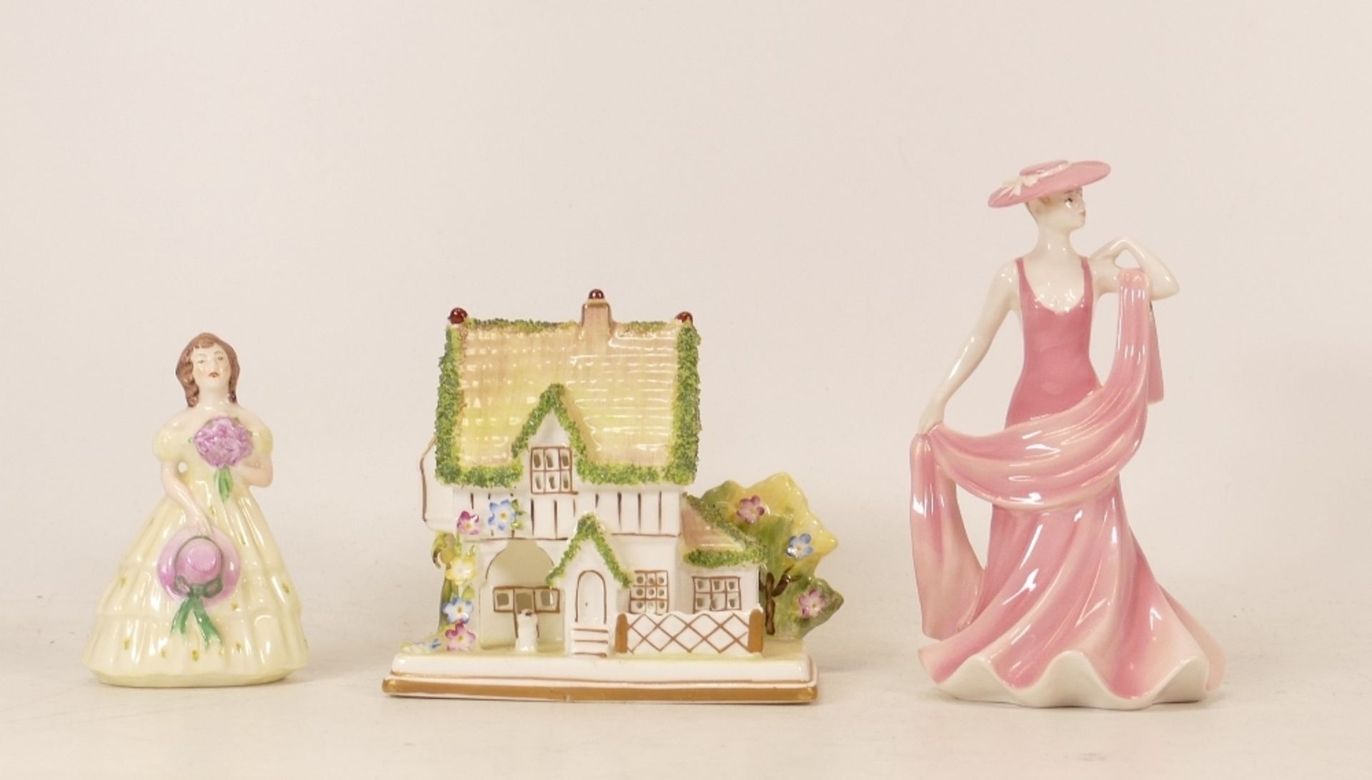 Coalport lady figures Kitty and Tender Love together with Coalport cottage The Master's House (3)