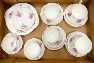 Spencer Stevenson fine bone chine rose patterned teaware to include 6 trios and a cake plate (1