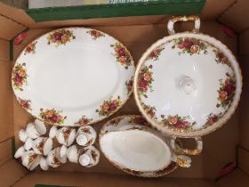 Royal Albert Old Country Roses pattern dinnerware items to include a lidded tureen, oval platter,