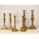3 pairs of brass candlestick holders one with bill of purchase and sold as 18th century , height