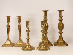 3 pairs of brass candlestick holders one with bill of purchase and sold as 18th century , height