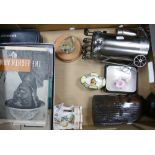 A mixed collection of items to include binoculars, metal utensil holder, continental ceramic figure,