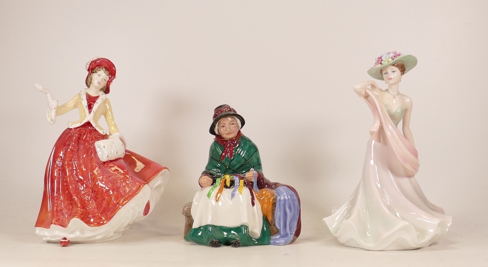 Three China Figures to include Christmas Day 1999 HN4214, Silks and Ribbons HN2017 and Coalport