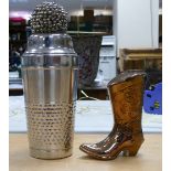 A large metal cocktail shaker together with empty Faberge west cowboy boot decanter (2)