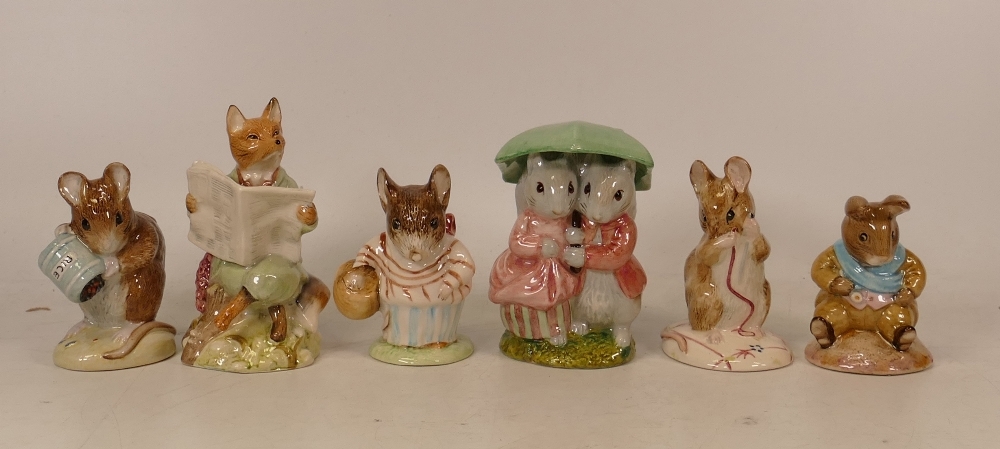 Royal Albert Beatrix Potter BP6 figures to include Goody and Tommy Tiptoes, Foxy Reading, Hunca