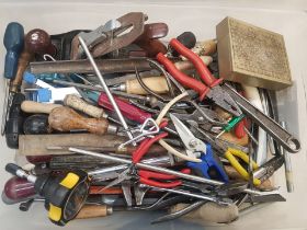A mixed collection of hand tools to include planes, chisels, spanners, pliers etc (1 tray).